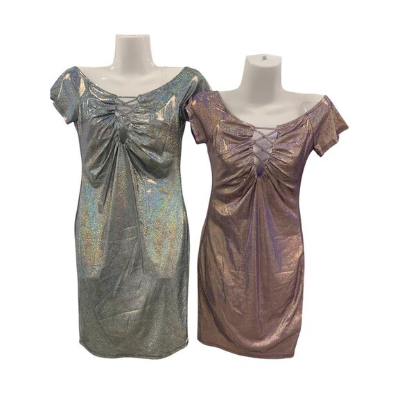 Metallic Off-Shoulder Lace-Up Mini Dress S/M/L Black & Purple I - Picture 1 of 5